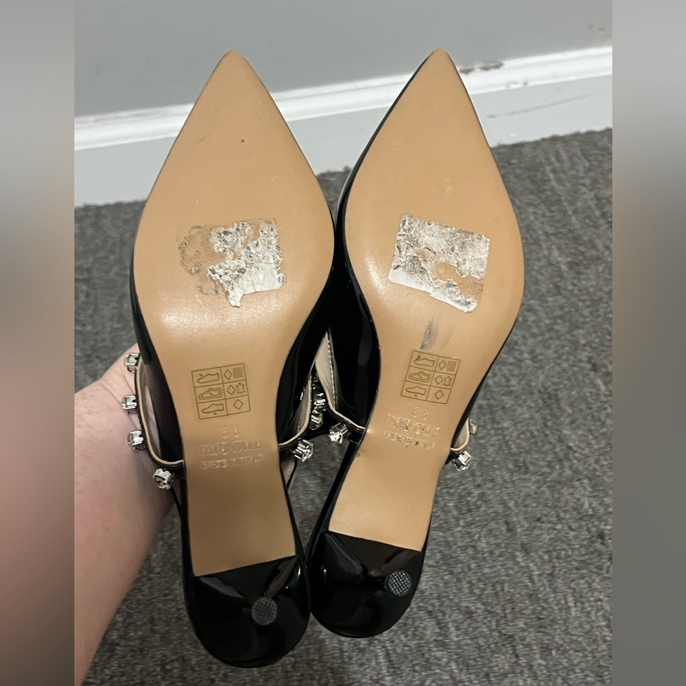 Miu Miu Black Patent Leather Crystal Slingback Pumps Size 38 Like New - Picture 5 of 8